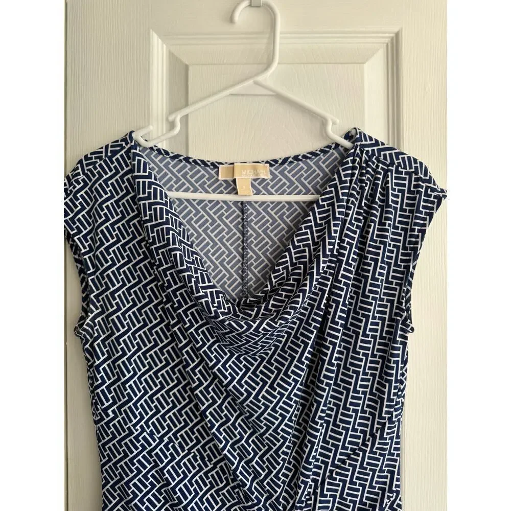 Michael Kors Navy and White Geometric Print Stretchy Cowl Neck Dress size Small